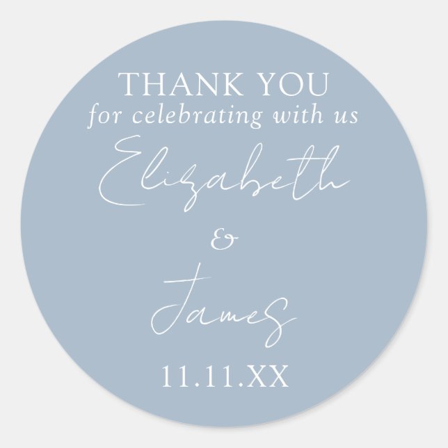Dusty Blue Elegant Script Wedding Thank You Classic Round Sticker (Front)