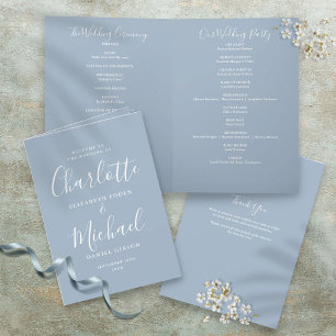 Dusty Blue Elegant Signature Script Wedding Program