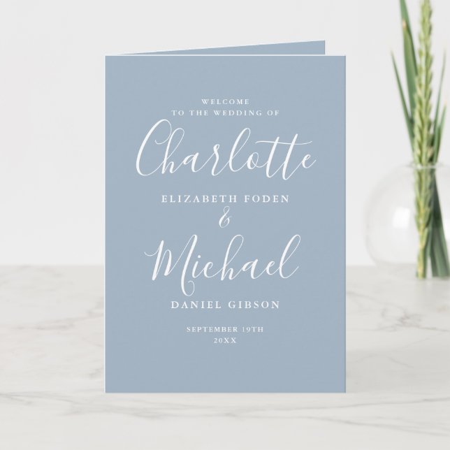 Dusty Blue Elegant Signature Script Wedding  Program (Front)