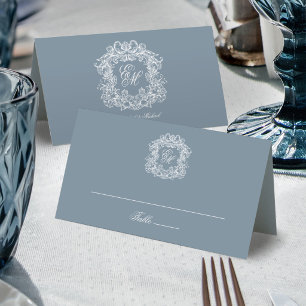 Dusty Blue Elegant Vintage Crest Monogram Wedding Place Card