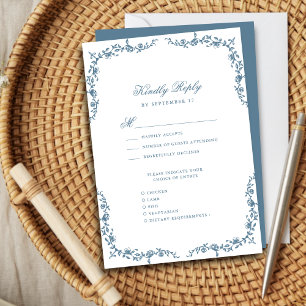 Dusty Blue Elegant Vintage Floral Wedding RSVP Card