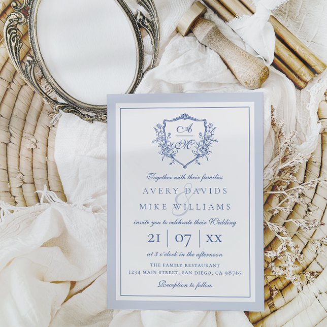 Dusty Blue Elegant Vintage Roses Crest Wedding Invitation (Creator Uploaded)