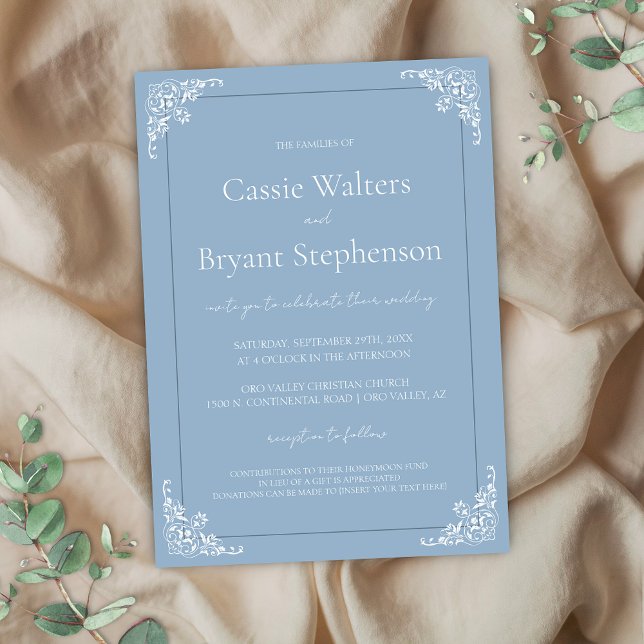 Dusty Blue Elegant Vintage Wedding Invite (Vintage old world dusty blue wedding invitations with simple white ornamental accents for coastal)