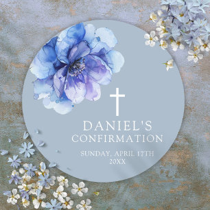 Dusty Blue Elegant Watercolor Floral Confirmation Classic Round Sticker
