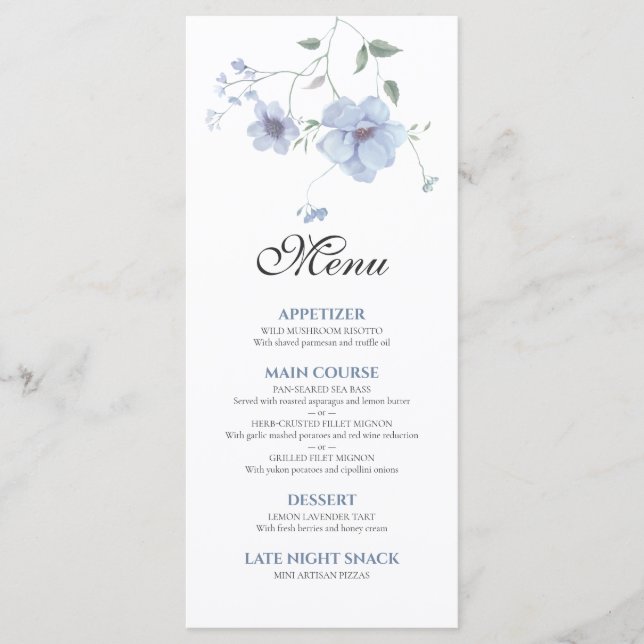 Dusty Blue Elegant Watercolor Floral Wedding Menu (Front)