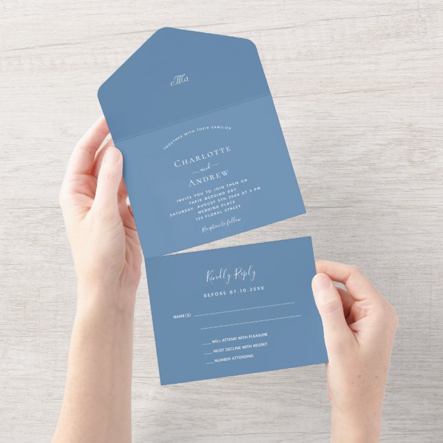 Dusty blue elegant wedding  all in one invitation (Tearaway)