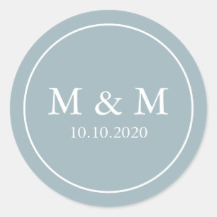 Dusty Blue Elegant Wedding Classic Monogram Classic Round Sticker