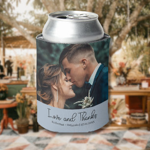 Dusty Blue Elegant Wedding Love and Thanks Photo Can Cooler