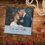 Dusty Blue Elegant Wedding Love and Thanks Photo Magnet<br><div class="desc">Share your gratitude with this elegant Dusty Blue “Love and Thanks” wedding magnet. The front features your favourite wedding photo along with your personalised names and date, creating a keepsake your guests will treasure. A perfect small thank-you gift that’s both stylish and meaningful ideal for fridges, boards, or any special...</div>