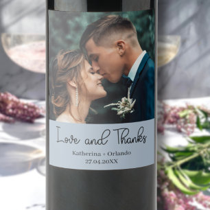 Dusty Blue Elegant Wedding Love and Thanks Photo Wine Label
