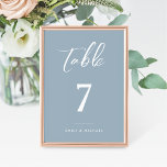 Dusty Blue Elegant Wedding Table Number Card<br><div class="desc">Our elegant dusty blue table number cards are perfect for placing on your tables to help your guests find their seats. A beautiful pairing of white calligraphy font with simple & clean text on a soft blue background makes for an elevated look to complement your stylish event. With repeated details...</div>