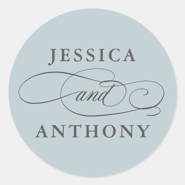 Dusty Blue Elegant Wedding with Couple's Names Classic Round Sticker (Front)