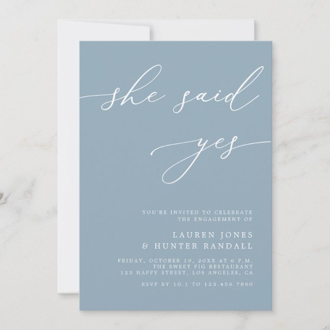 Dusty Blue Elegant Whimsical Yes Engagement Party  Invitation (Front)