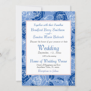 Dusty Blue Elegant White Grey Floral Rose Wedding Invitation