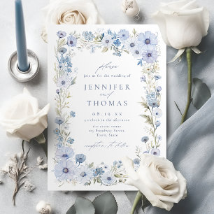 Dusty Blue Elegant Wildflower Border Wedding Invitation