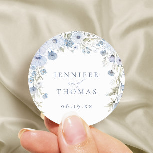 Dusty Blue Elegant Wildflower Wedding Favours Classic Round Sticker