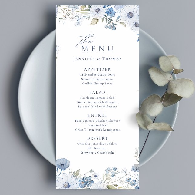 Dusty Blue Elegant Wildflower Wedding Menu (Dusty Blue Elegant Wildflower Wedding Menu)