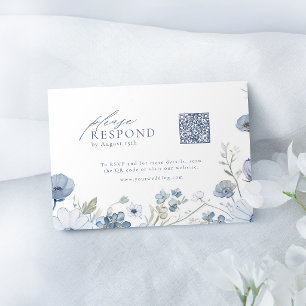 Dusty Blue Elegant Wildflower Wedding QR code  RSVP Card
