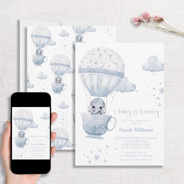 Dusty Blue Elephant Baby is Brewing Baby Shower Invitation (Creator Uploaded)