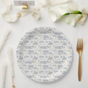 Dusty Blue English Village Wedding Watercolor Paper Plate