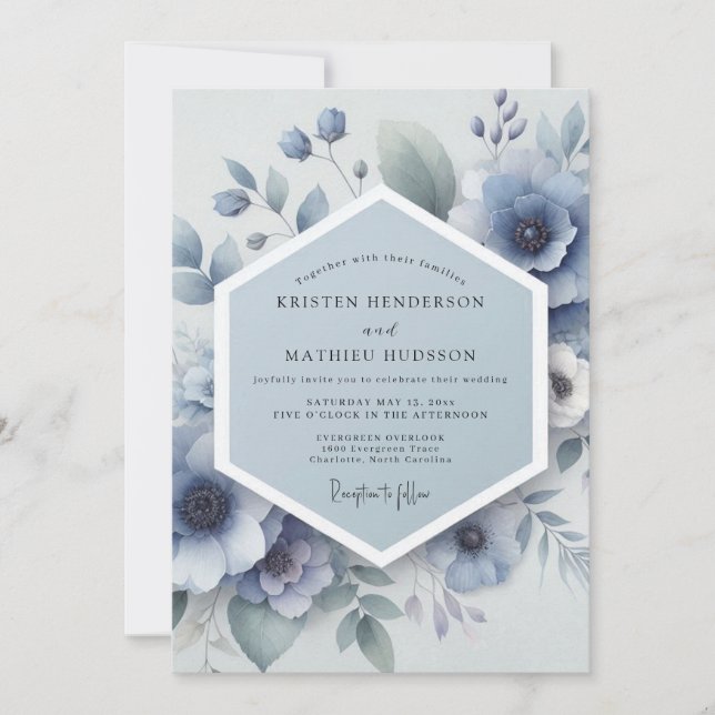 Dusty Blue Ethereal Bloom Wedding Invitation (Front)