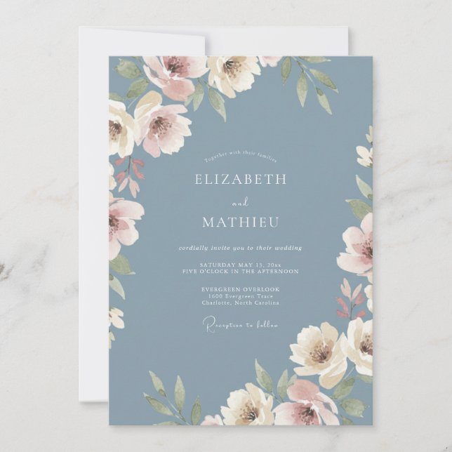 Dusty Blue Ethereal Botanical Wedding Invitation (Front)