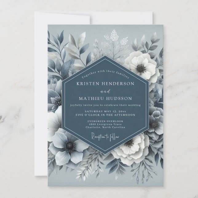 Dusty Blue Ethereal Flora Wedding Invitation (Front)