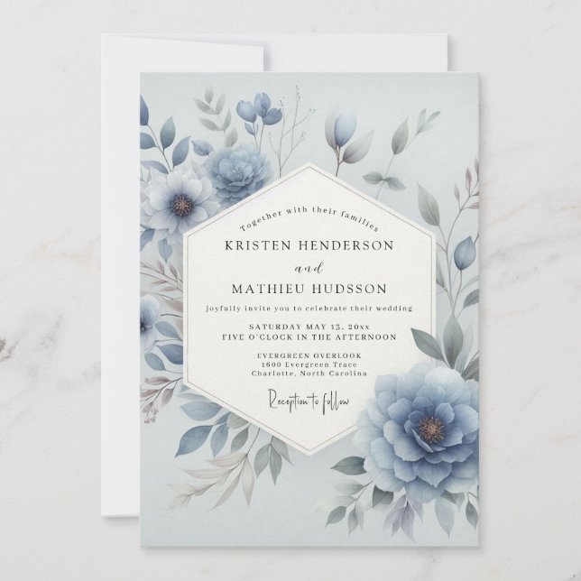 Dusty Blue Ethereal Floral Wedding Invitation (Front)
