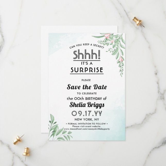  Dusty Blue Eucalyptus 40th Birthday Save The Date (Front/Back In Situ)