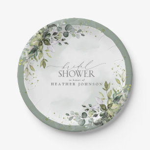 Dusty Blue Eucalyptus Botanical Bridal Shower Paper Plate