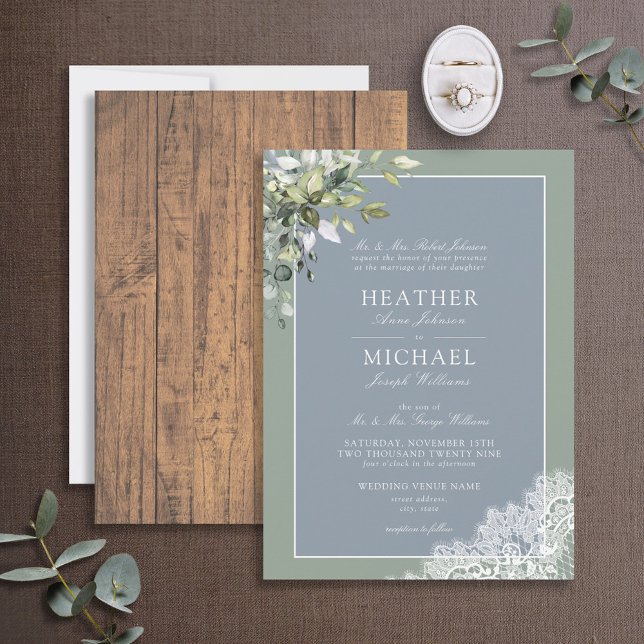 Dusty Blue Eucalyptus Botanical Wood Wedding  Invi Invitation (Creator Uploaded)