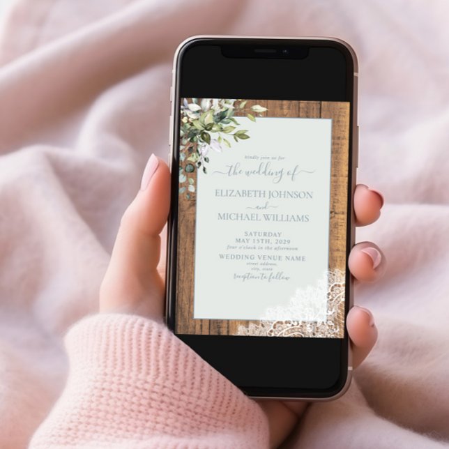 Dusty Blue Eucalyptus Botanical Wood Wedding Invitation (Creator Uploaded)