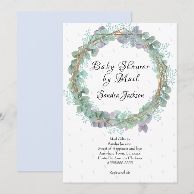 Dusty Blue Eucalyptus Boy Baby Shower by Mail Invitation (Front/Back)