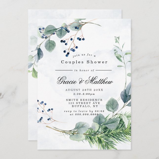 Dusty Blue Eucalyptus Couples Shower Invitations (Front/Back)