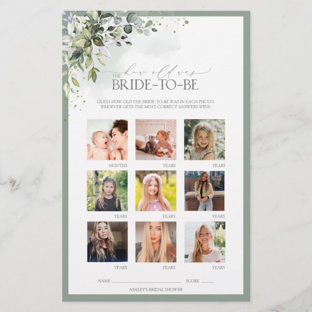 Dusty Blue Eucalyptus Floral Bridal Shower Game (Front)