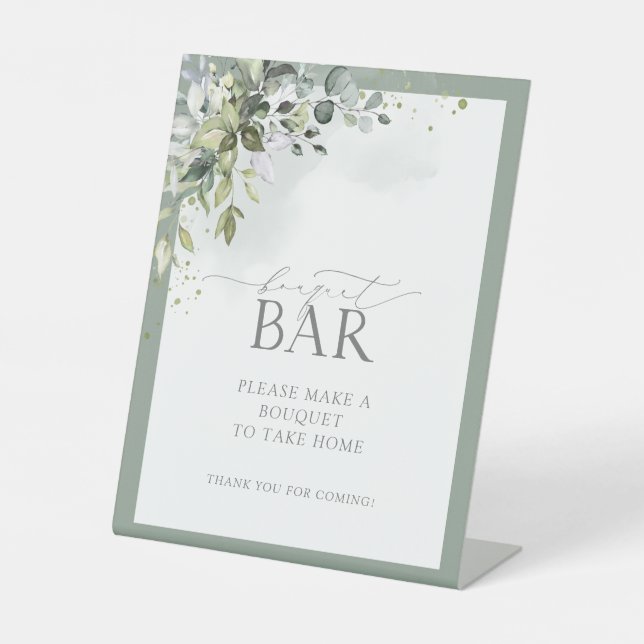 Dusty Blue Eucalyptus Floral Shower Bouquet Bar Pedestal Sign (Front)