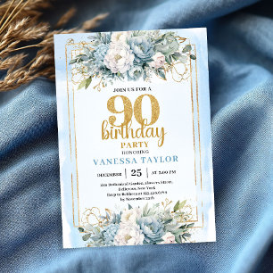 Dusty Blue Eucalyptus Gold 90th Birthday Milestone Invitation