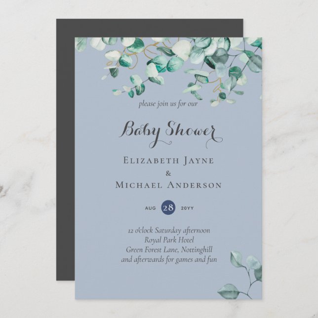 Dusty Blue Eucalyptus Greenery BABY SHOWER Invites (Front/Back)