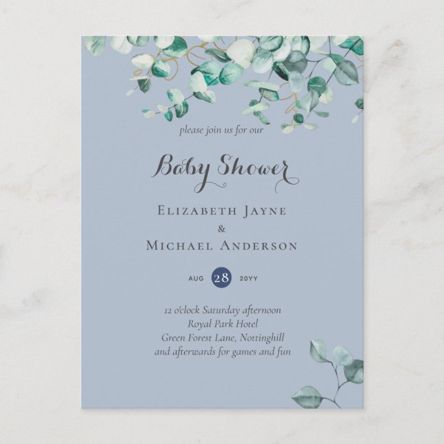 Dusty Blue Eucalyptus Greenery BABY SHOWER Invites Postcard (Front)