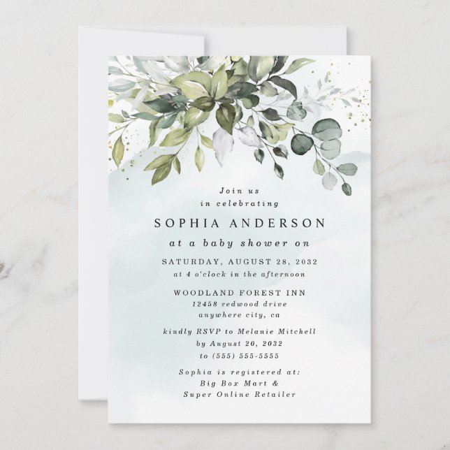 Dusty Blue Eucalyptus Greenery Boho Baby Shower Invitation (Front)