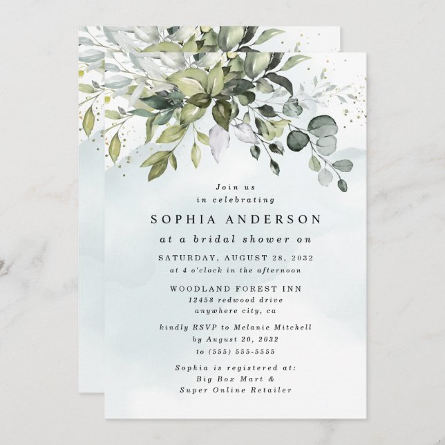 Dusty Blue Eucalyptus Greenery Boho Bridal Shower Invitation (Front/Back)