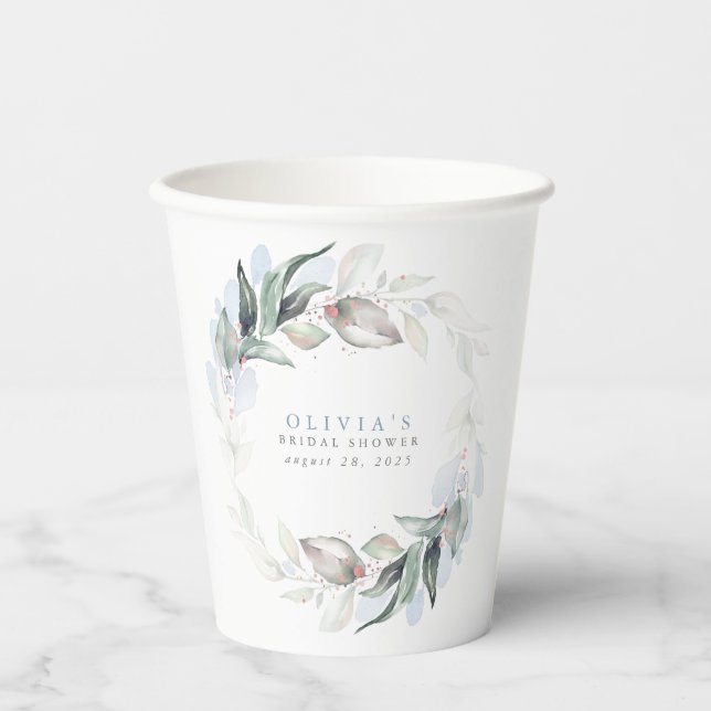 Dusty Blue Eucalyptus Greenery Boho Bridal Shower Paper Cups (Front)
