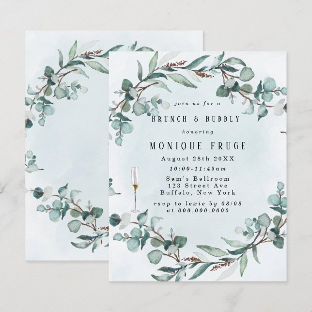 Dusty Blue Eucalyptus Greenery Brunch & Bubbly Invitation (Front/Back)