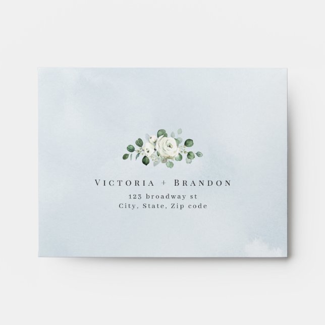 Dusty blue eucalyptus greenery floral wedding RSVP Envelope (Front)