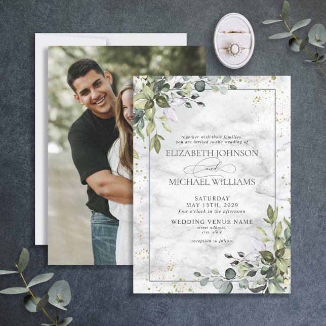 Dusty Blue Eucalyptus Greenery Marble Photo Invitation (Creator Uploaded)