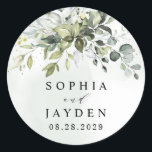 Dusty Blue Eucalyptus Greenery Succulent Wedding Classic Round Sticker<br><div class="desc">Design features a bouquet of watercolor greenery,  eucalyptus and a succulent over a dusty blue watercolor splash. Design also features specks of painted (printed) gold and green. View the collection link on this page to see all of the matching items in this beautiful design.</div>