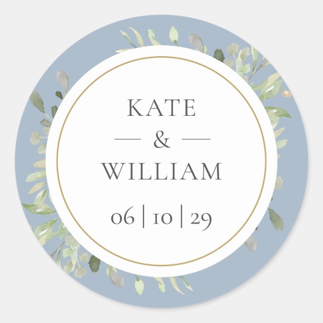 Dusty Blue Eucalyptus Greenery Wedding Classic Round Sticker (Front)