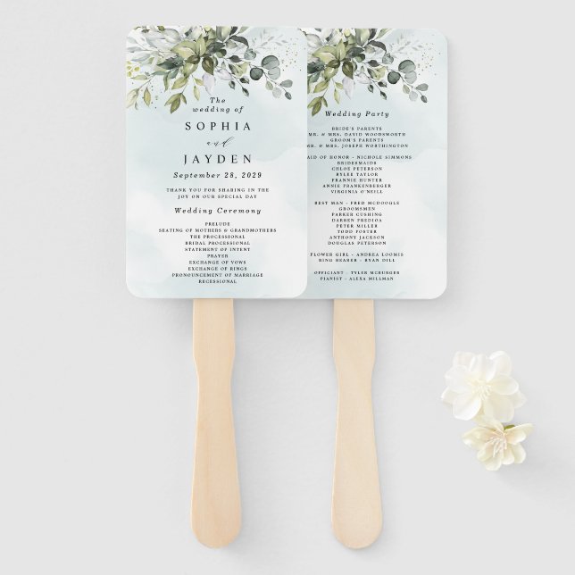 Dusty Blue Eucalyptus Greenery Wedding Programs Hand Fan (Front and Back)