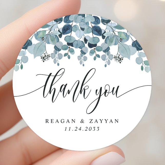 Dusty Blue Eucalyptus Greenery Wedding Thank You Classic Round Sticker (Creator Uploaded)
