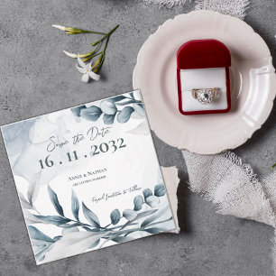 Dusty Blue Eucalyptus Leaves Elegant Wedding Save The Date